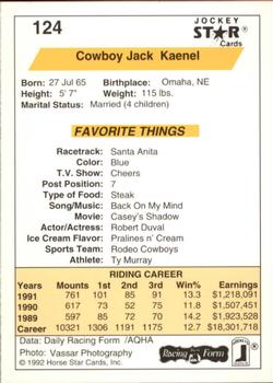 1992 Jockey Star #124 Cowboy Jack Kaenel Back